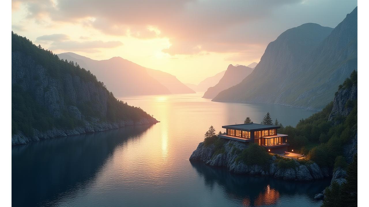 Majestetisk luftfoto av Oslofjorden ved solnedgang, med en moderne eiendom langs kystlinjen