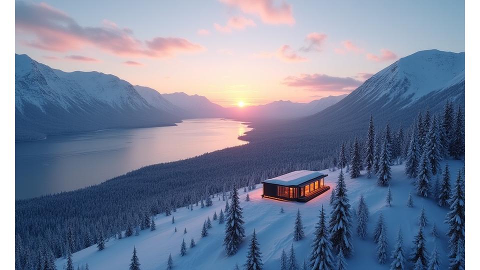 Drone med kamera som flyr over et vakkert, snødekt landskap i Norge ved solnedgang