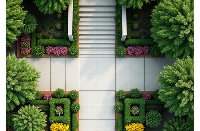 Luftfoto av en frodig, symmetrisk hage med gangveier og blomsterbed