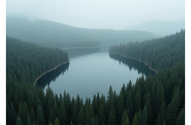 Dronebilde av en liten innsjø omgitt av tett skog i tåkete morgenlys