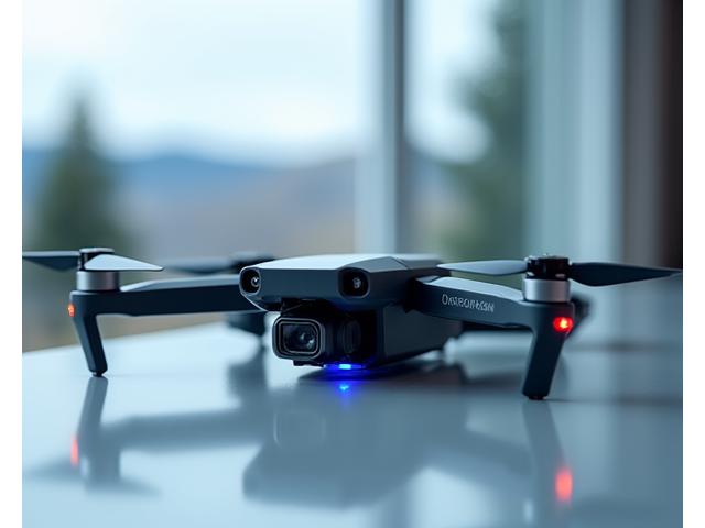 En moderne, profesjonell drone med flere propeller og et kamera montert under