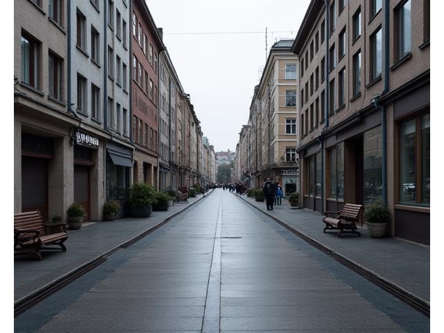 Før bilde: En rett og uinspirerende gateutsikt, mangler komposisjon.