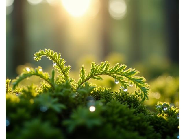 Et makrobilde av en dewdrop på et edderkoppnett om morgenen, med mykt lys og uskarp grønn bakgrunn.