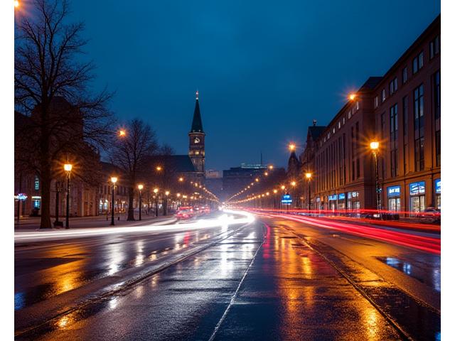 Oslo bybildet om natten med opplyste bygninger og refleksjoner i våt asfalt, skapende en stemningsfull effekt.