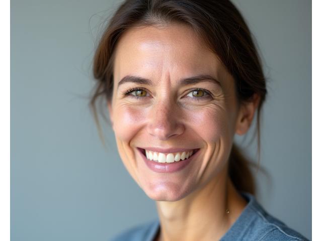 Et vakkert portrett av en smilende kvinne tatt med mykt studielys, viser dybde og detaljer i ansiktet.