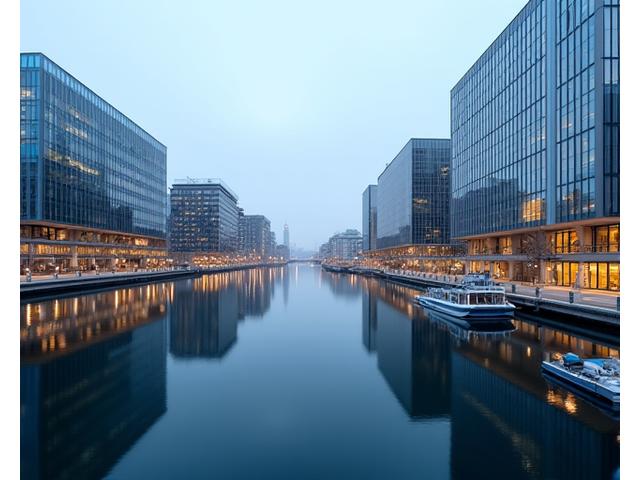 Et imponerende bilde av moderne arkitektur på Aker Brygge med refleksjoner i vann, tatt av en student.