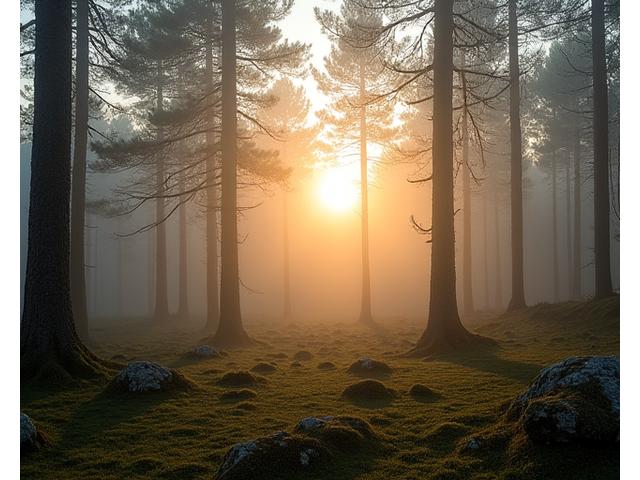 Et stemningsfullt bilde av soloppgangen over et tåkete skoglandskap i Nordmarka, fanget av en student.