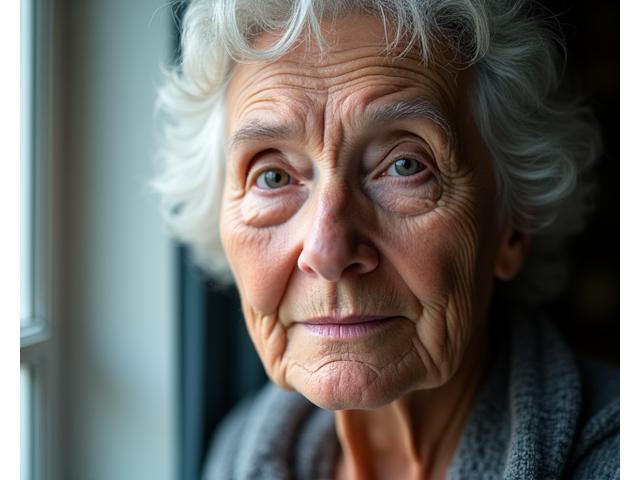 Et varmt og engasjerende portrett av en eldre manns ansikt, med fokus på hans uttrykksfulle øyne, tatt av en student.