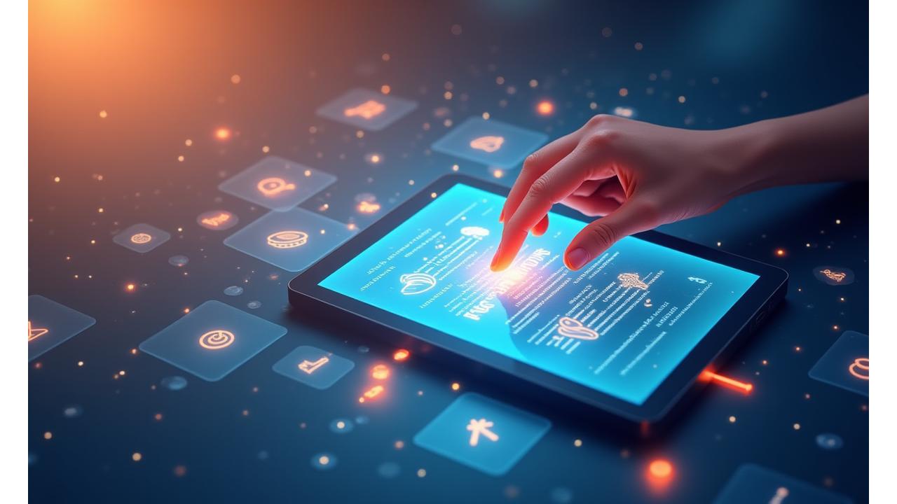 Illustration of a hand filling out a digital form with creative icons around it
