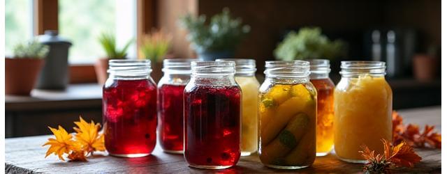 Norgesglass fylt med syltetøy og fermenterte grønnsaker arrangert på et rustikt trekjøkken.