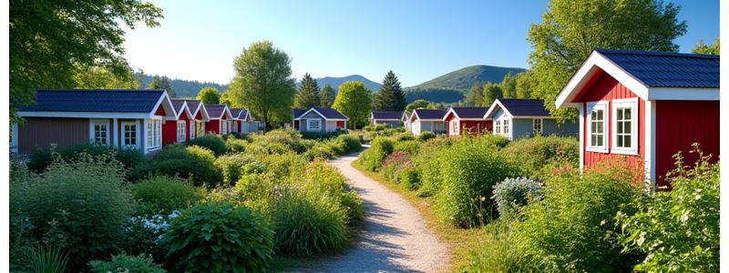 Idyllisk norsk kolonihage med små, tradisjonelle hytter og frodige grønnsaksbed under sommersol.