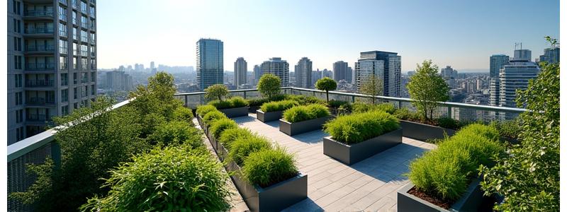 Frodig takhage i Oslo med utsikt over byens skyline, med urtekasser og sitteplasser.