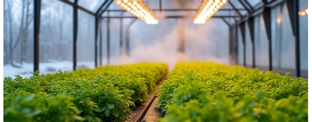 Interiør av et varmt veksthus om vinteren, med grønne planter som trives tross kulden utenfor.