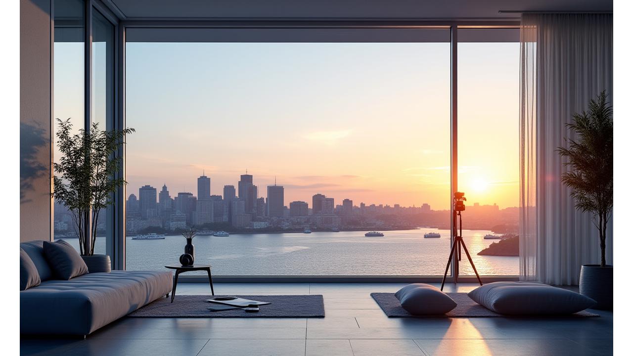 Oversiktsbilde av Oslos skyline ved soloppgang, med et moderne studiointeriør i forgrunnen som illustrerer kreativ innovasjon