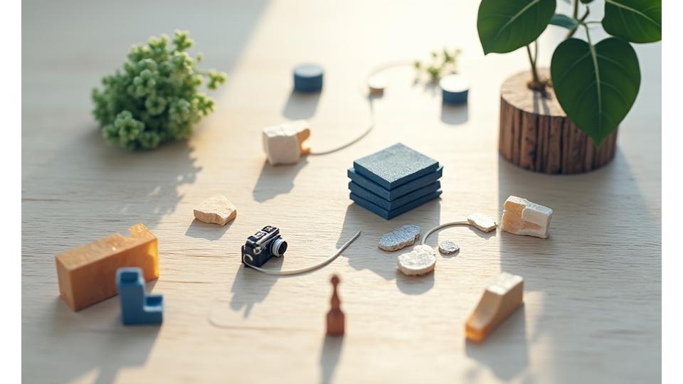 Et montasjebilde som viser tidslinjen i Fjordblikk Kreativs historie, med elementer som et første studio, en utvidet tjenesteportefølje og bærekraftige prosjekter