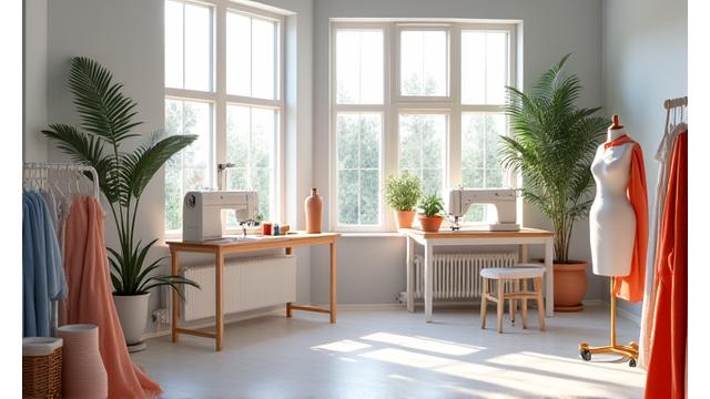 Bilde av et lyst og inspirerende motedesign-atelier med symaskiner og skredderdukker i Fjordblikk Kreativ