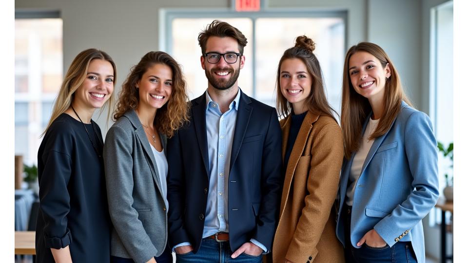 Gruppebilde av Fjordblikk Kreativs team i et lyst og moderne studio, smilende og profesjonelle