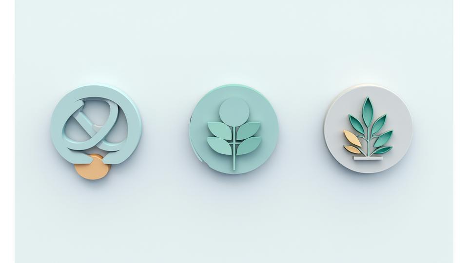 Abstrakt komposisjon som symboliserer Fjordblikk Kreativs verdier: et håndverkssymbol, et grønt blad for bærekraft og en åpen bok for læring, med en nordisk minimalistisk estetikk