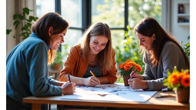Bilde fra en inspirerende kreativ workshop i et lyst studio med deltakere engasjert i en aktivitet