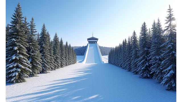 Holmenkollen Nasjonalanlegg med skihoppet og tribunene, badet i vintersol