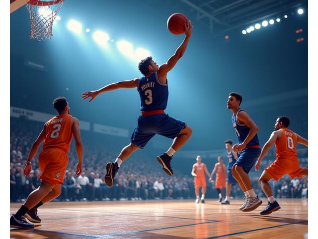 Basketballkamp i en opplyst innendørshall, med spillere i rask bevegelse og ballen i fokus