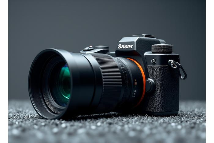 Nærbilde av et profesjonelt DSLR-kamera med et stort teleobjektiv, plassert på et sportsfelt