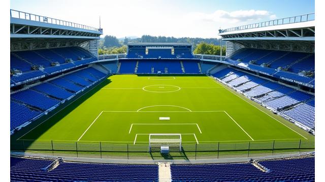 Ullevaal Stadion i dagslys, med en tom fotballbane og tribunene i fokus
