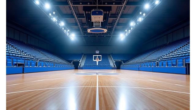 Valhall Arena, en moderne innendørs sportshall, sett fra tribunen under en kamp
