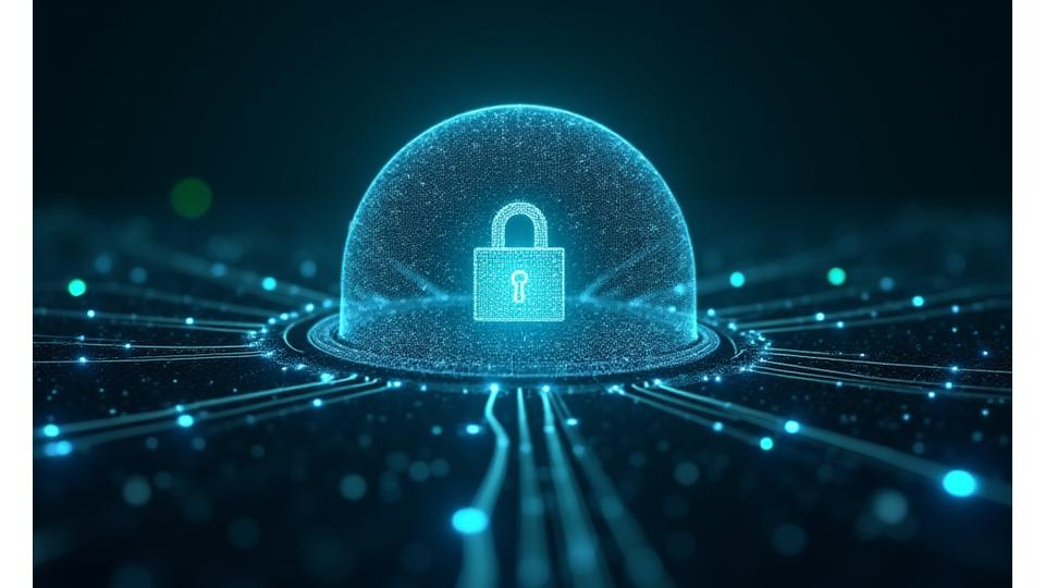 Nettverkssikkerhet og databeskyttelse symbolisert med digitale lenker og et trygt låsesymbol