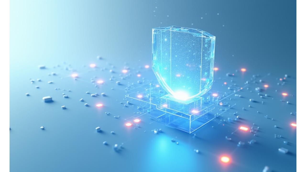 Abstrakt illustrasjon av databeskyttelse og personvern, med stiliserte skjold og datanettverk